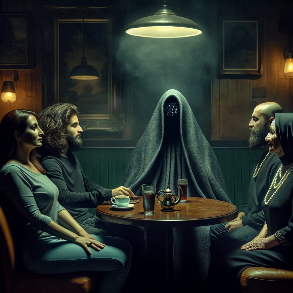 Eerie Automoderator in Dim Cafe with Companions