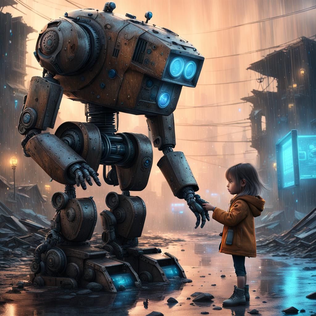Robot and Girl in Post-Apocalyptic Scene