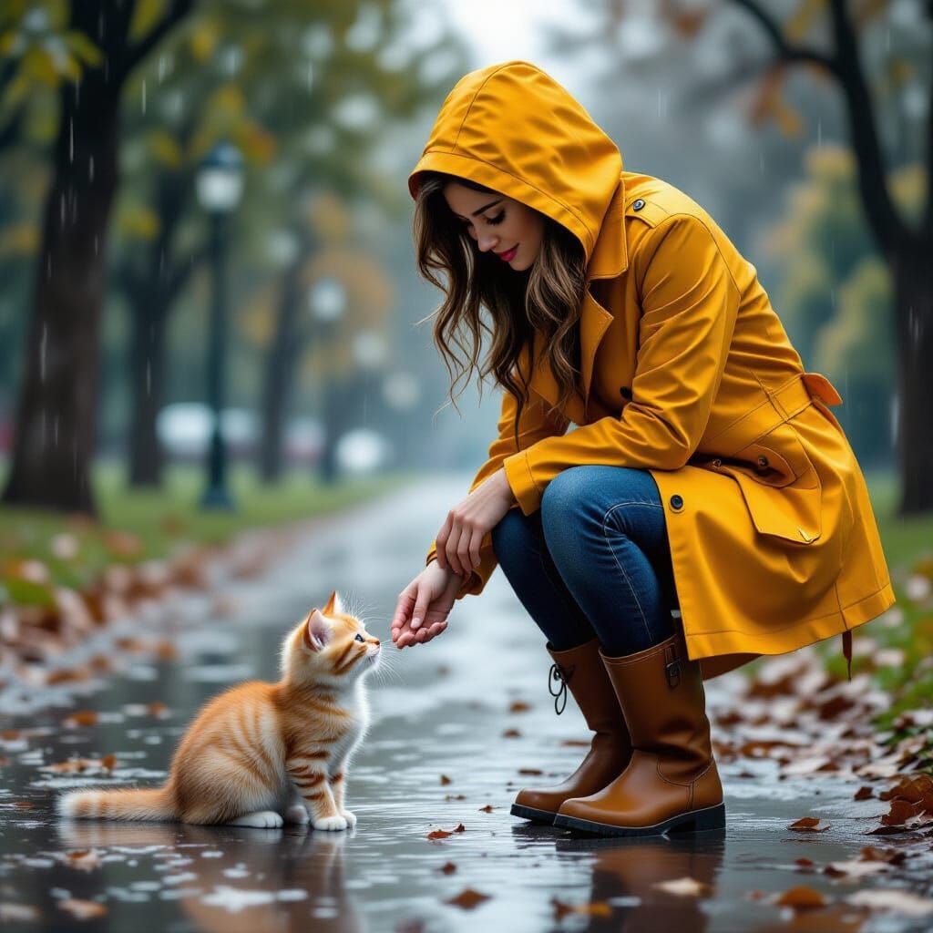 Woman Rescues Kitten in Rainy Park: Hyperrealistic Photo
