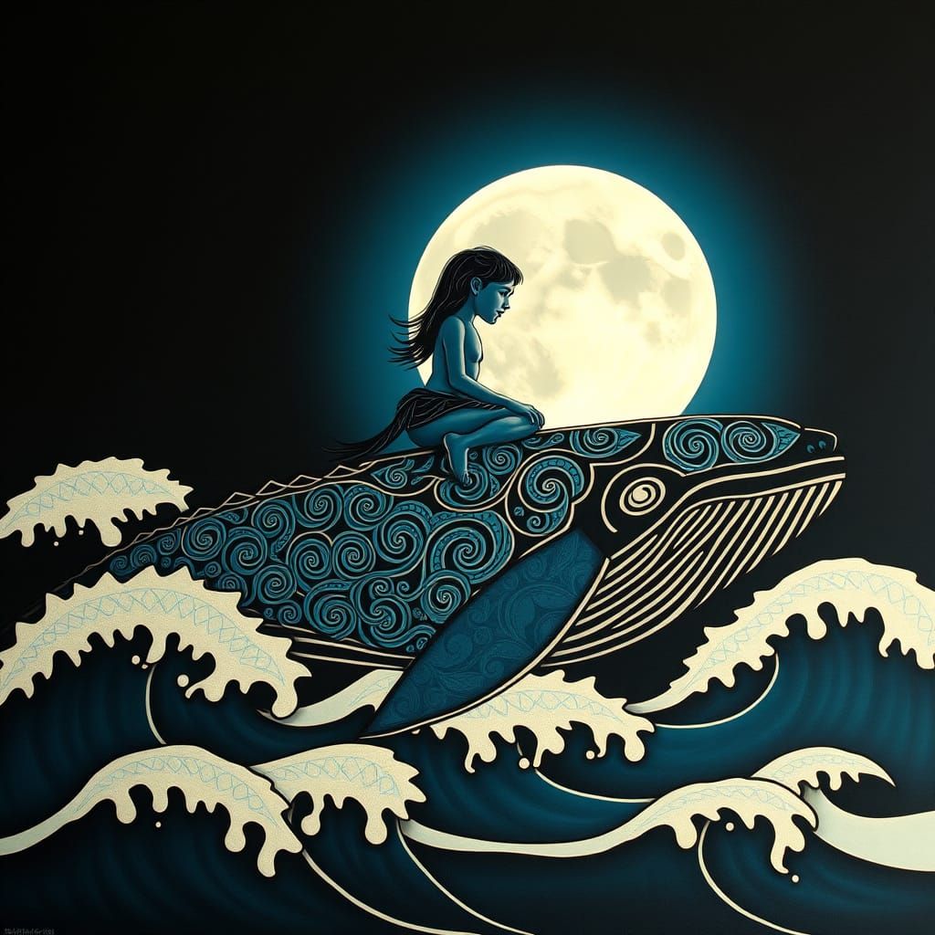 Maori Child Rides Whale Under Full Moon