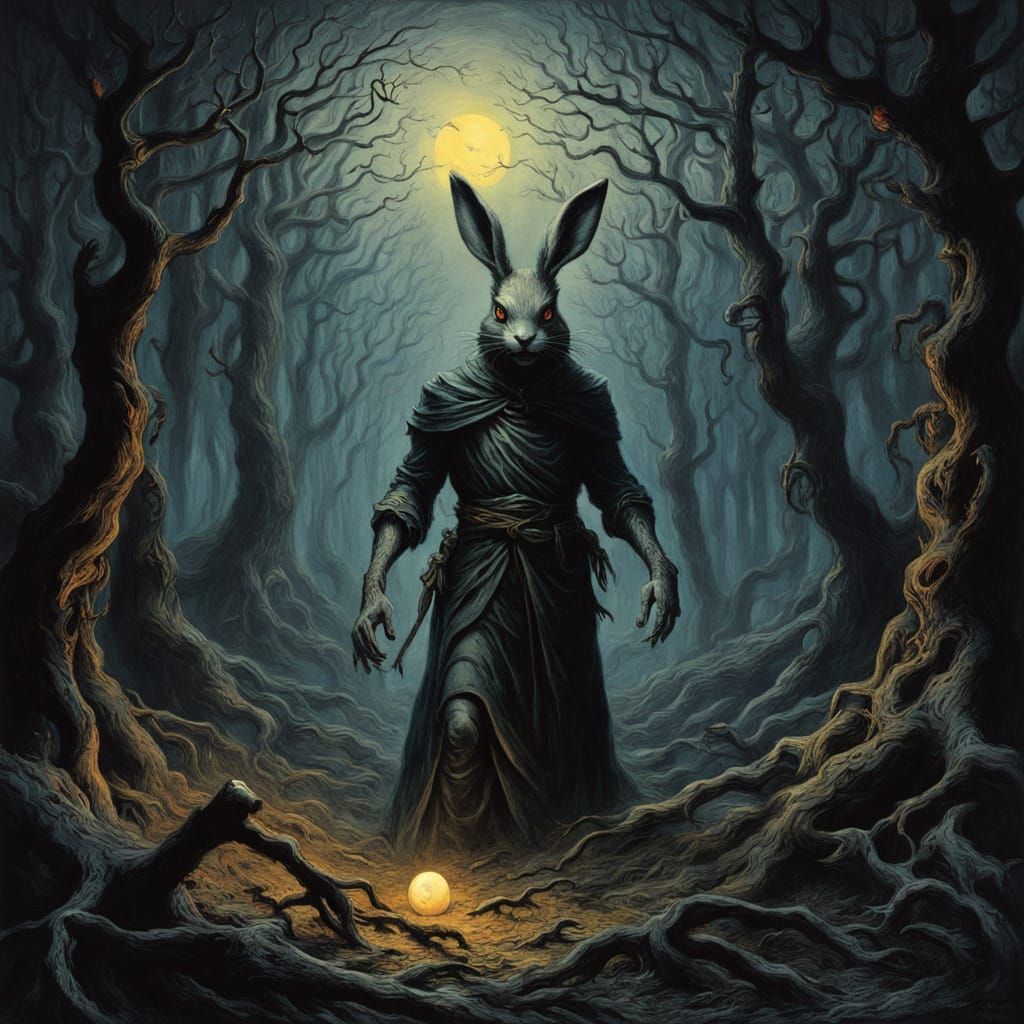 Surreal Easter Scene in Dark, Twisted Forest