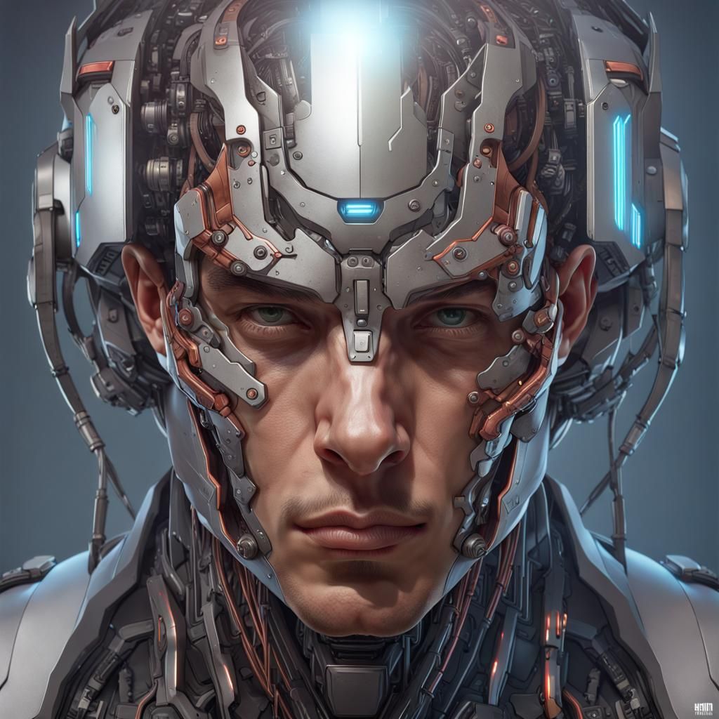 Cyborg Portrait with Visible Brain, Hyperdetailed Art
