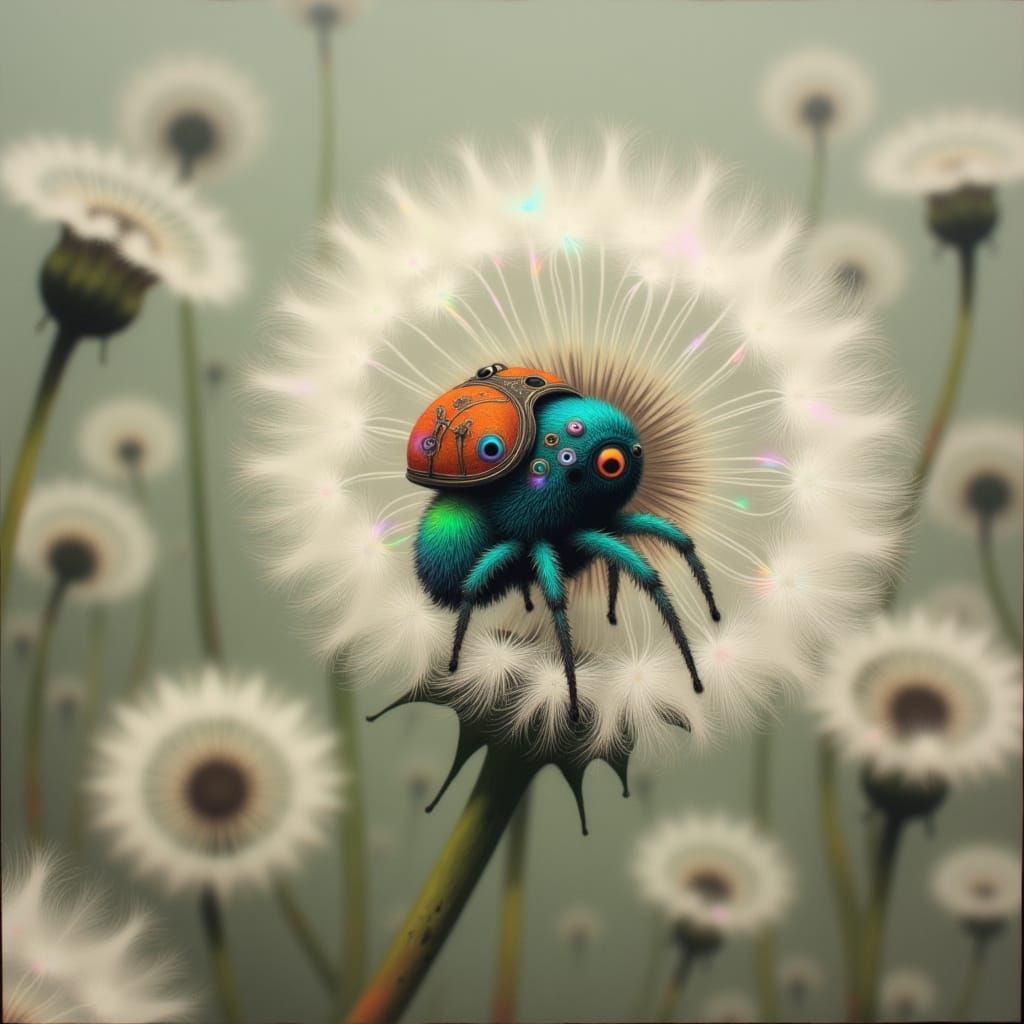 Jumping Spider in Dandelion Seed Ball