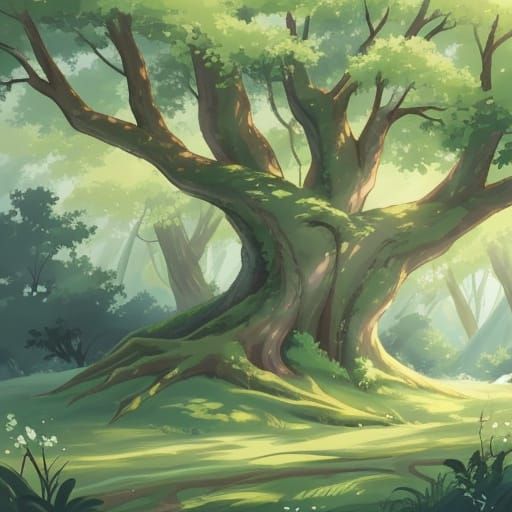 Peaceful Anime Tree Under Daytime Moonlight