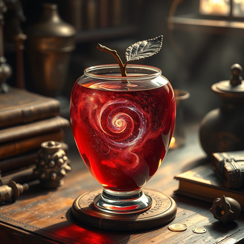 Mystical Apothecary Scene in Crimson Glass