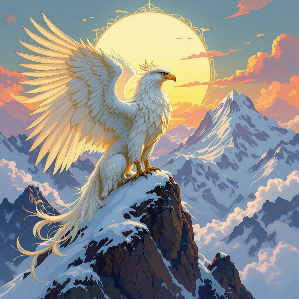 Griffin Surveys Mountain in Art Nouveau Style