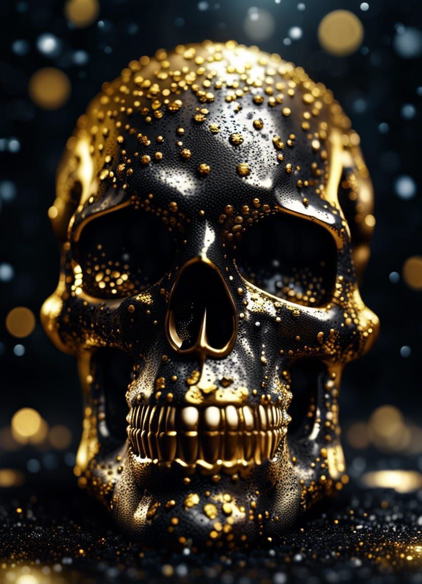 Detailed Black and Gold Skull with Glitter