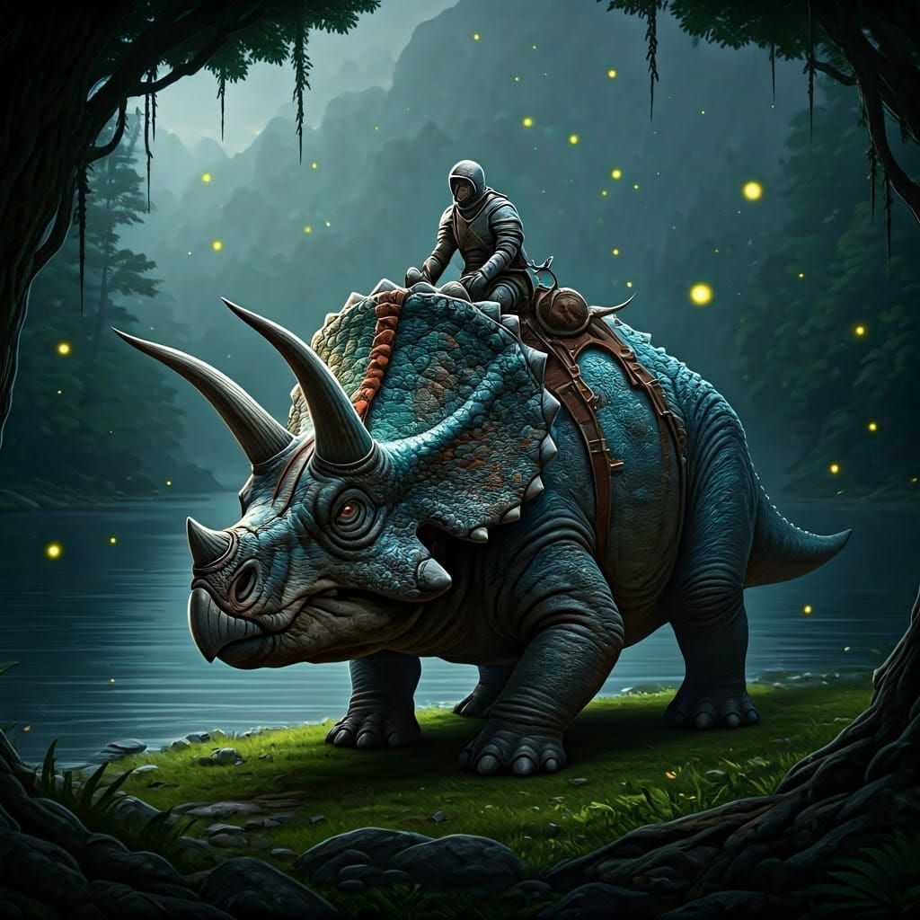 Triceratops Knight in Fantasy Landscape