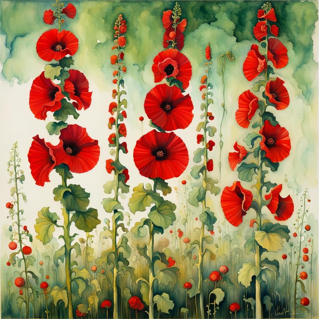 Hollyhocks in Oil and Watercolor, Klimt Style