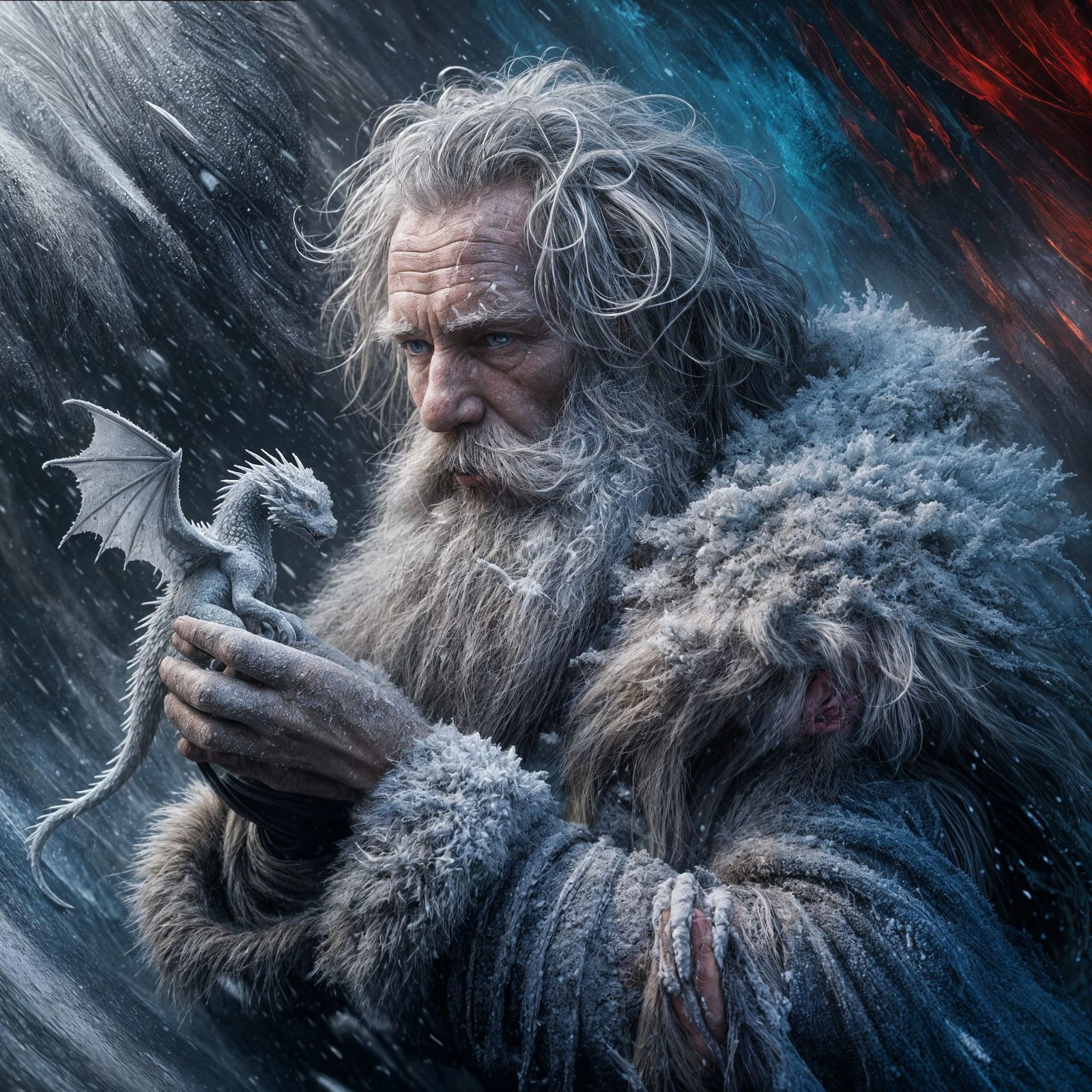 Viking and Dragon in Snowy Landscape as Matte Painting