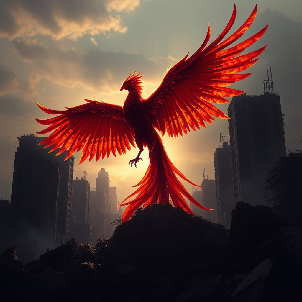 Phoenix Rises from City Ruins in Fiery Rebirth
