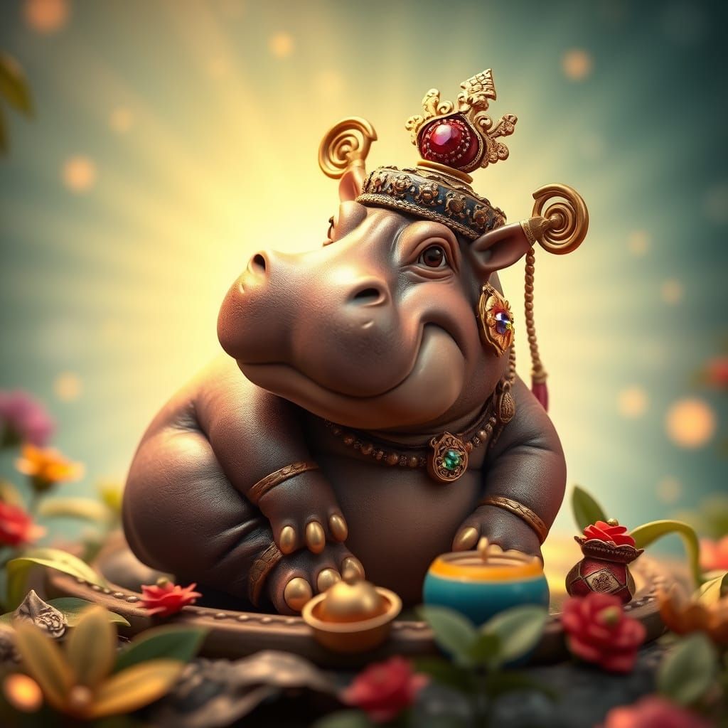 Elegant Hippopotamus Fortune Teller in Vibrant Wonderland