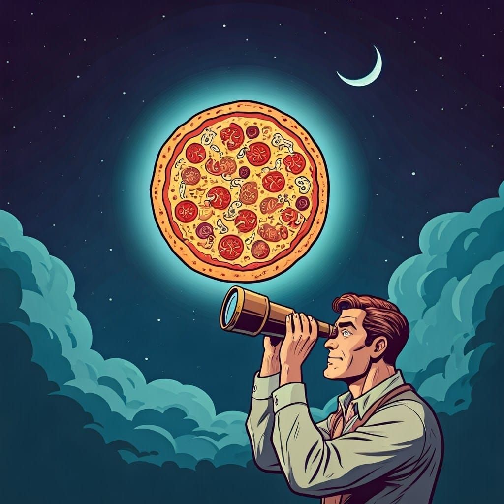 Pizza Moon Watched by Astronomer in Comic Style