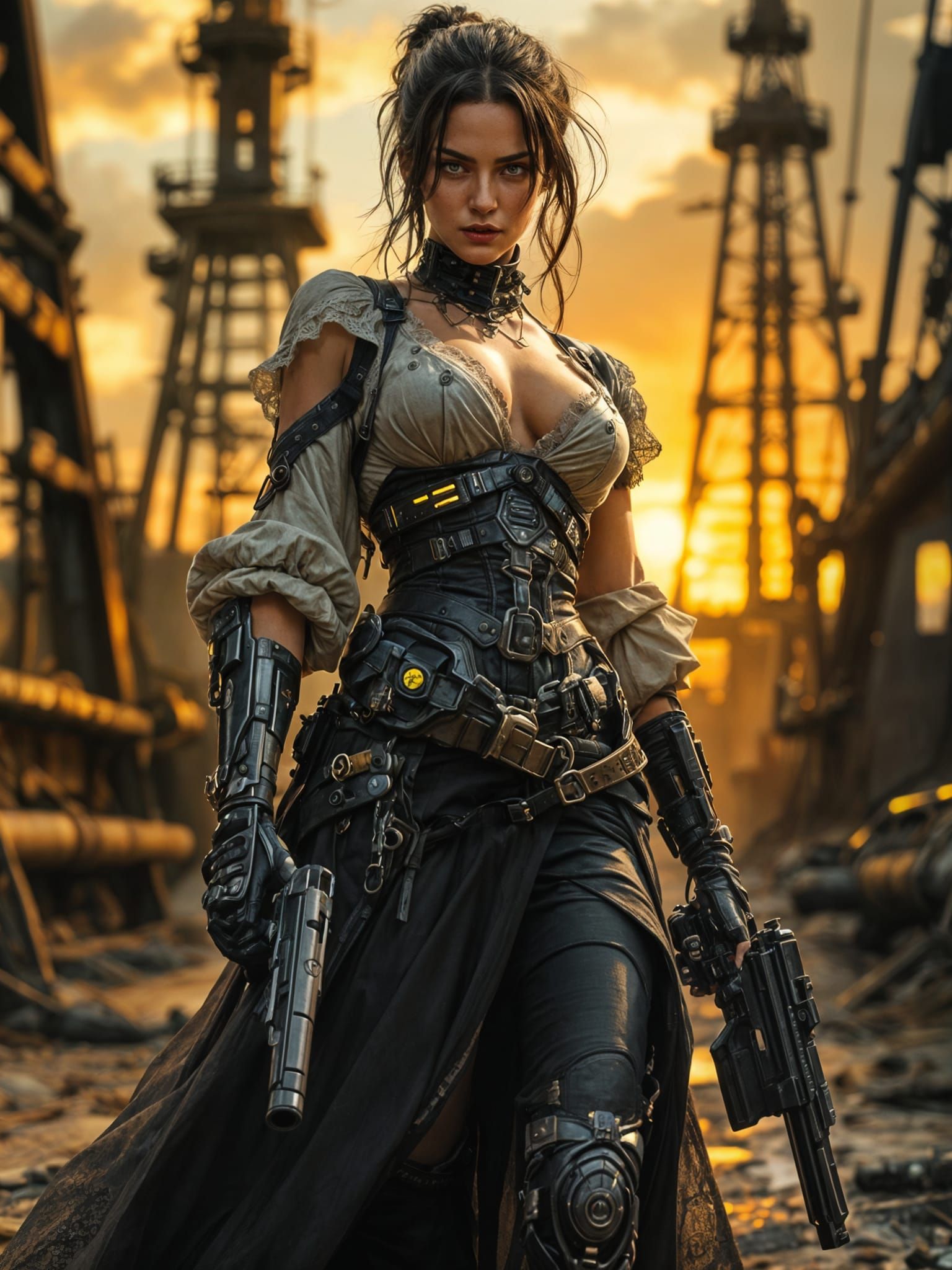 Cyberpunk Victorian Siren Poses in Oil Pit