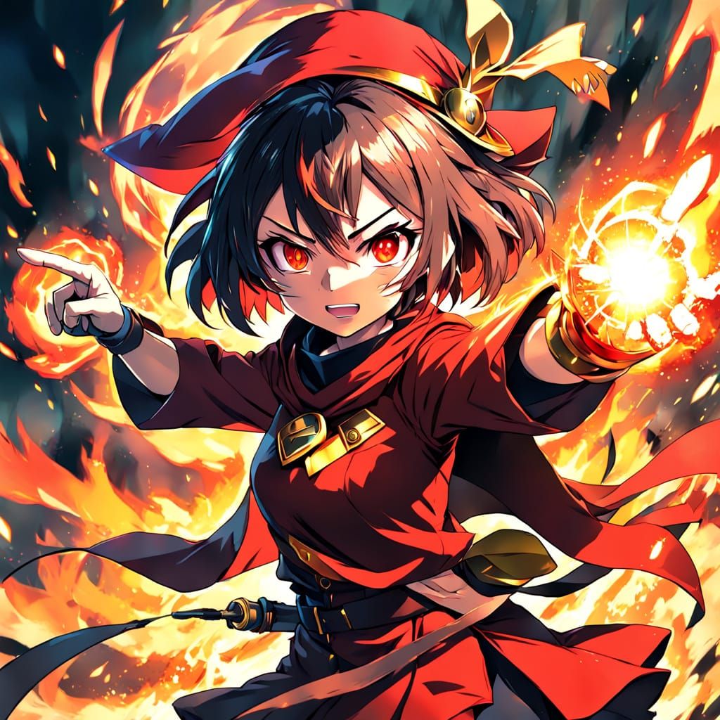 Anime Style Fire Wizard Girl in Intense Magical Action Pose