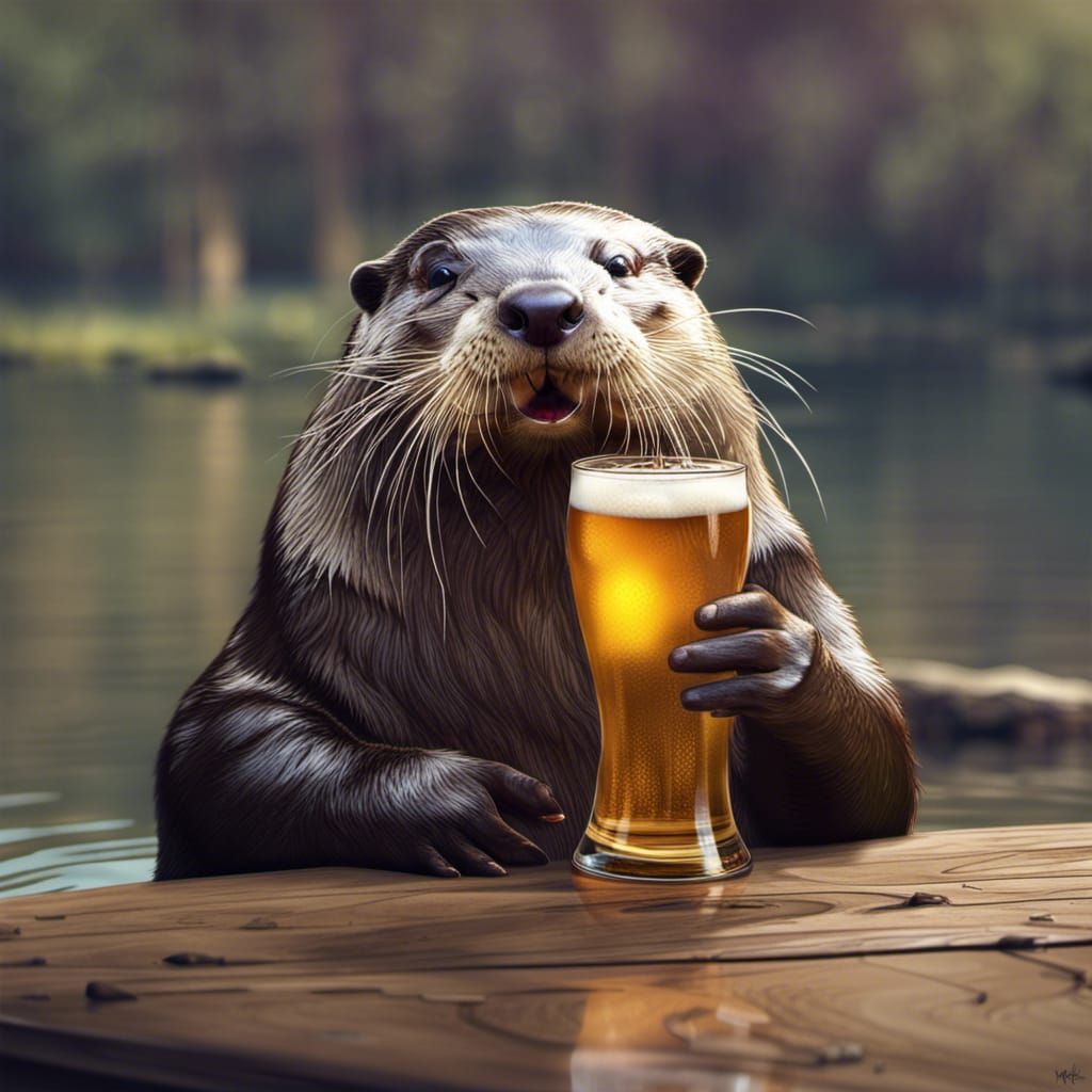 Obese Hillbilly Otter Drinking Beer Portrait