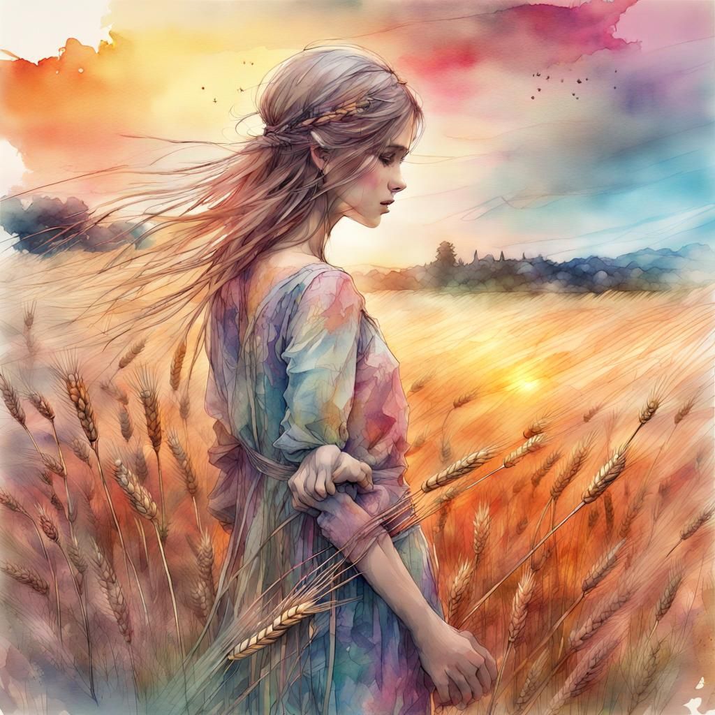 Lost love in the wheat field at sunset