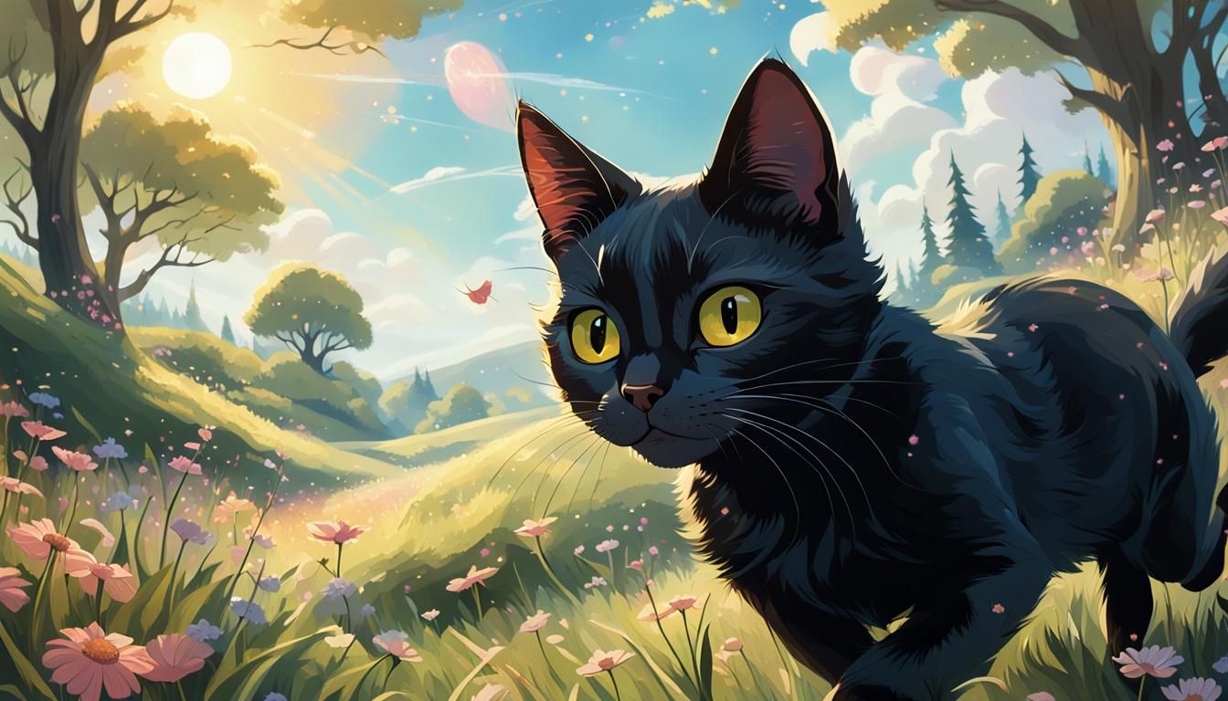 Black Cat Chasing Fairies in Cel-Shaded Meadow