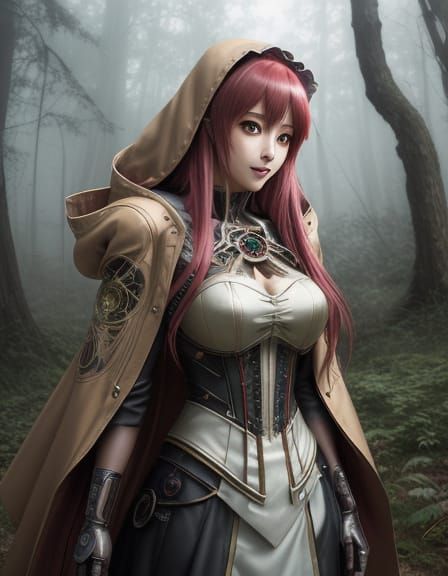 Elegant Cyberpunk Anime Art with Art Nouveau Flourishes