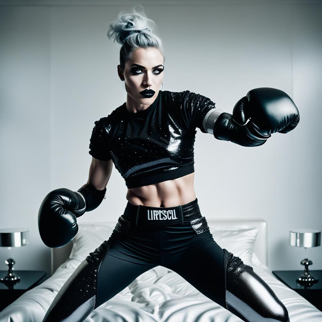 Tomboy Goth Shadow Boxing in Opulent Bedroom