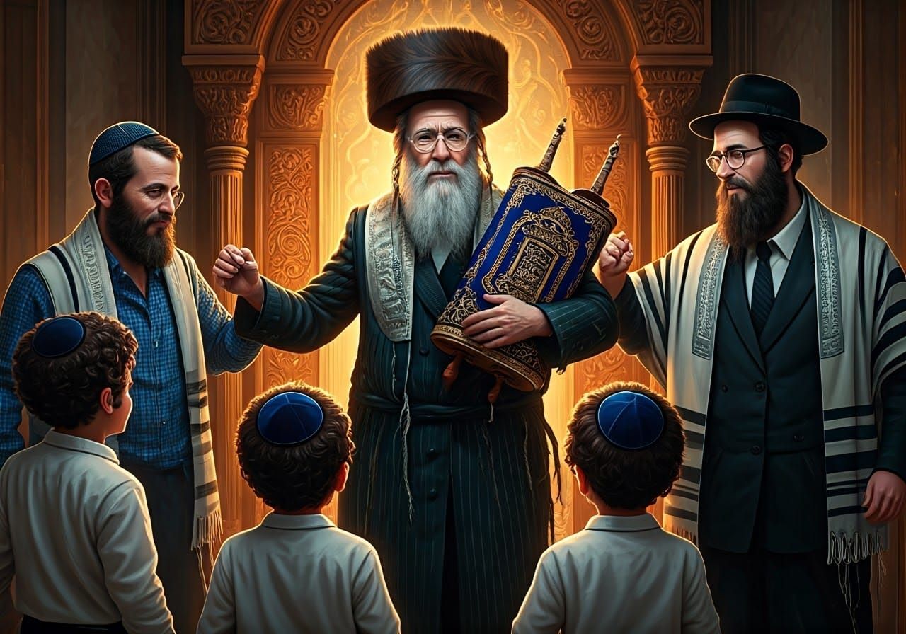 Jubilant Jewish Figures Dance Around Carved Ark