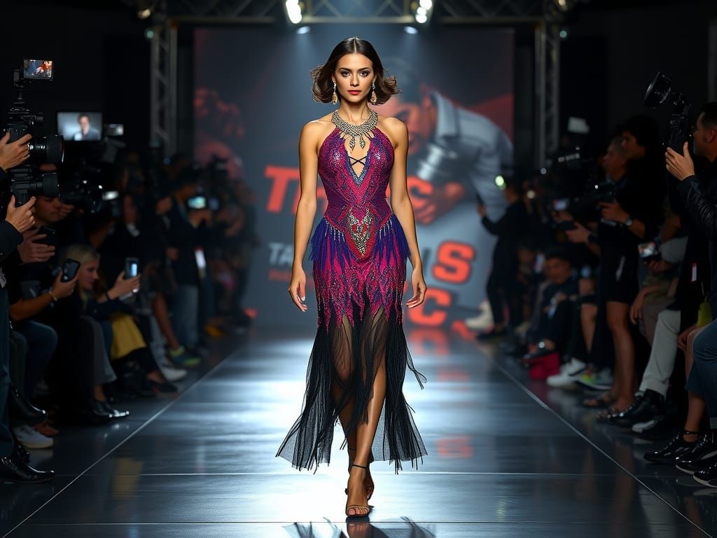 Talisa Soto in Art Deco Flapper Dress on Runway