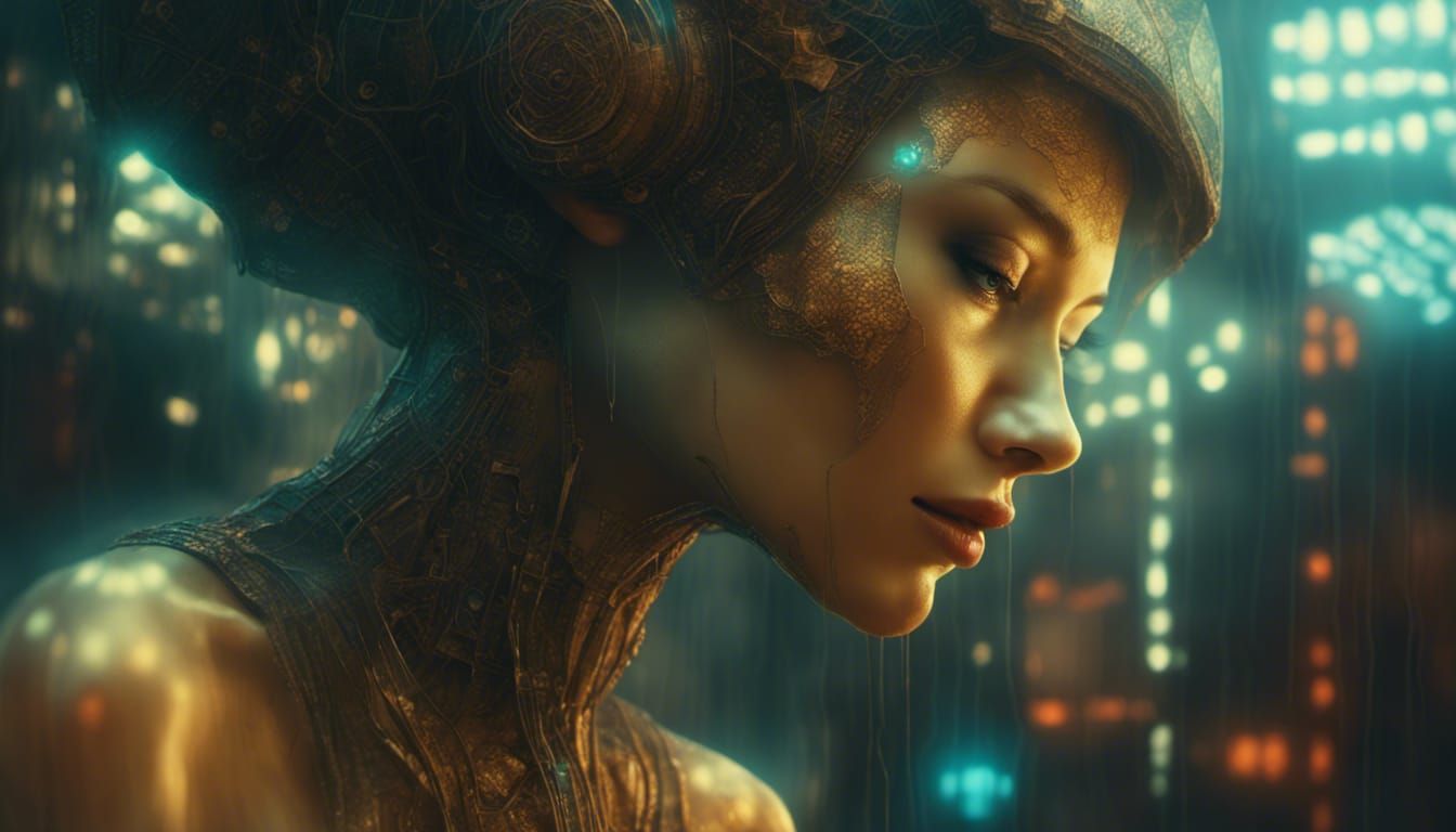 Virtual Pin-Up Girl in Gothic Cyberpunk Cityscape