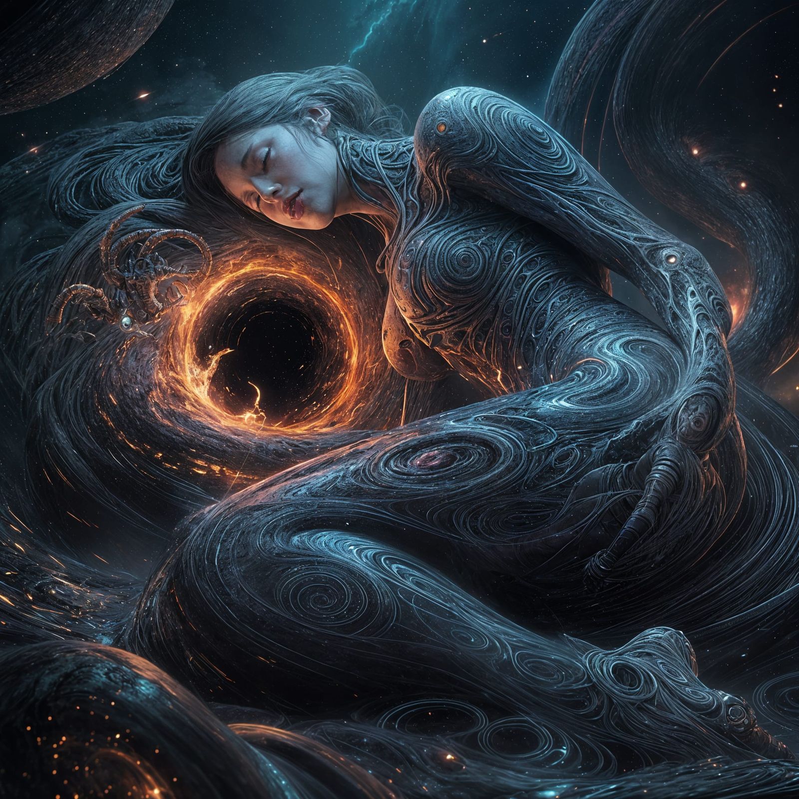 Sleeping Black Hole Giant Personified as Woman, Concept Art