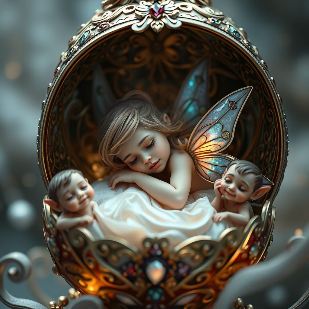 Fairy in Majestic Faberge Egg, Watched by Curious Siblings
