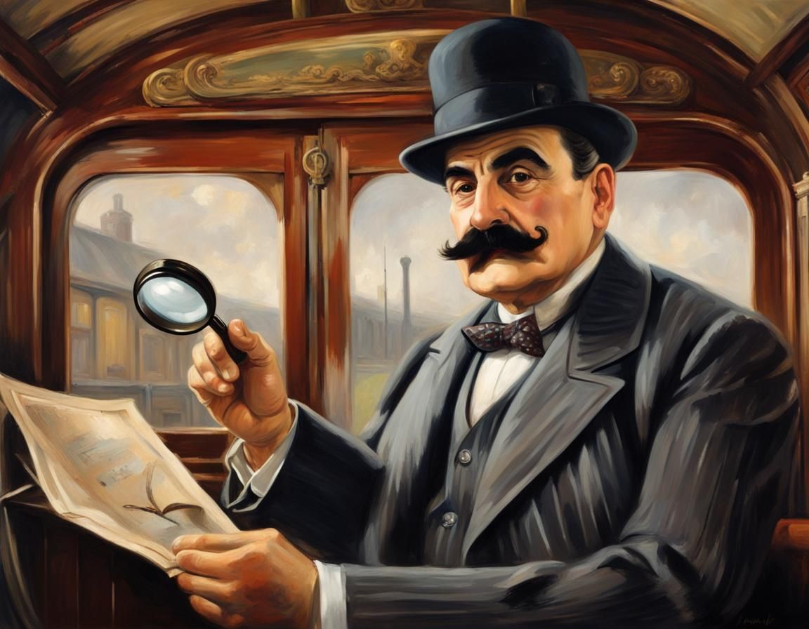 Hercule Poirot in French Train, Oil Painting Style
