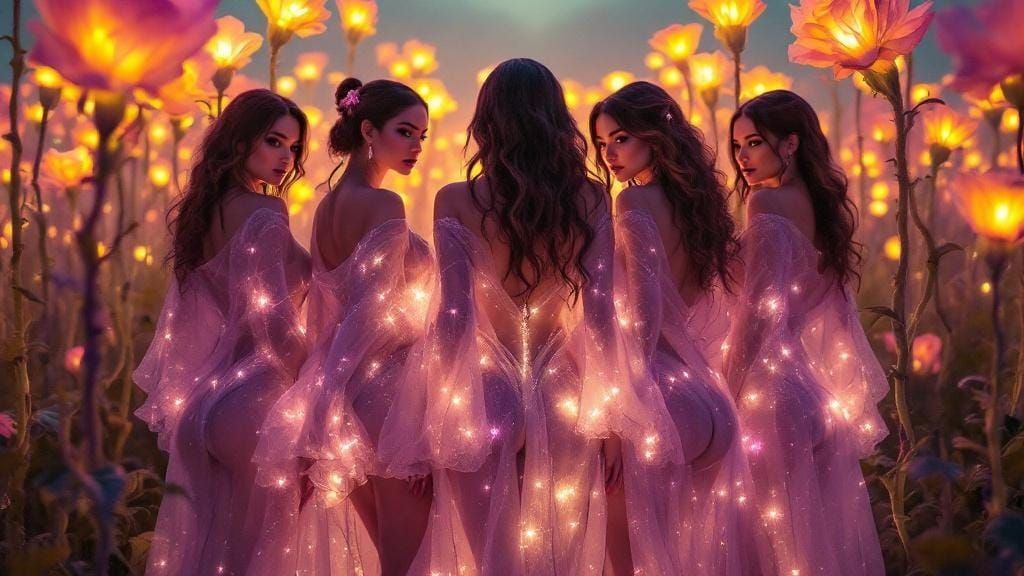 Curvy Women in Alien Rose Field: Dark Fantasy Art