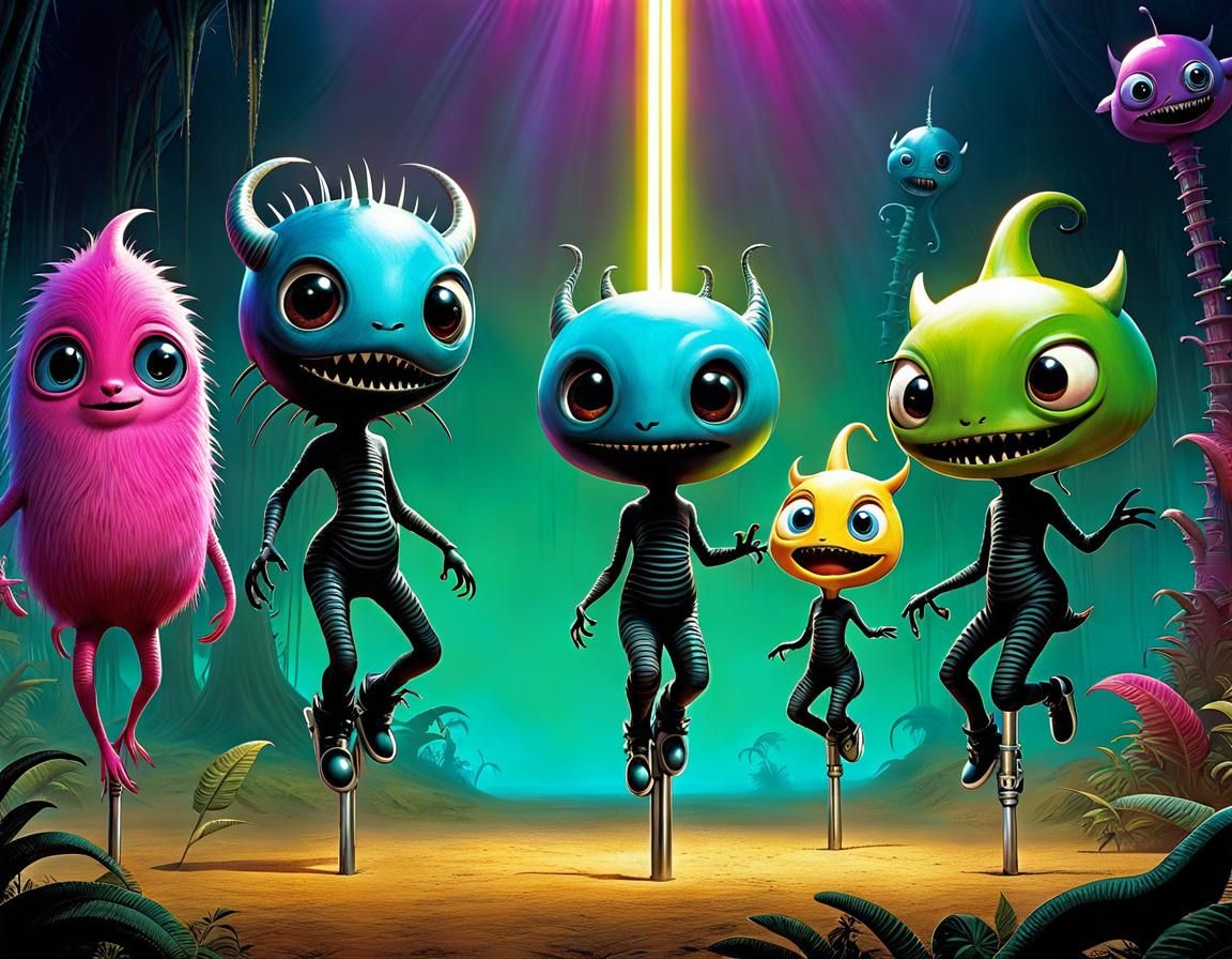 Adorable Monsters on Pogo Sticks in Disco