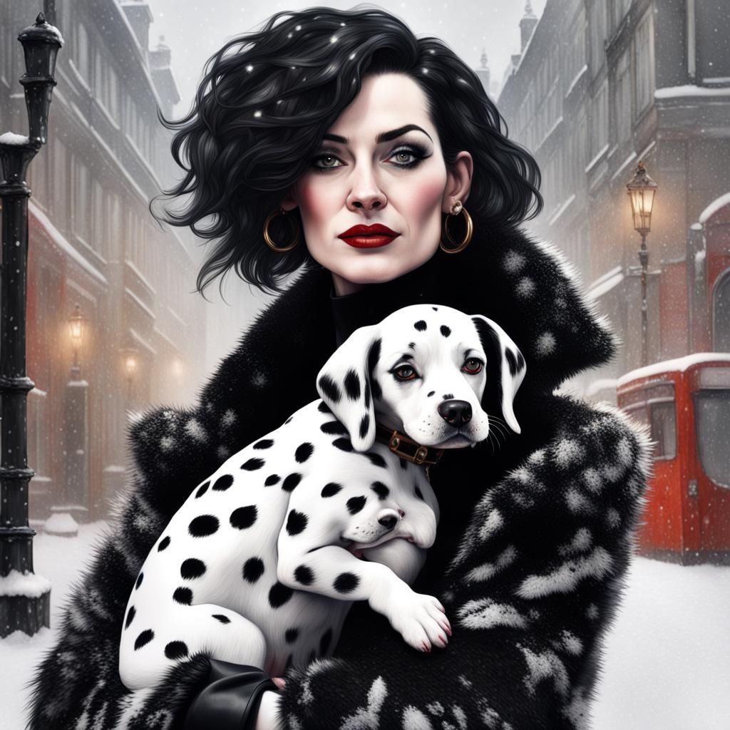 Hyperrealistic Cruella Deville with Dalmatians in London