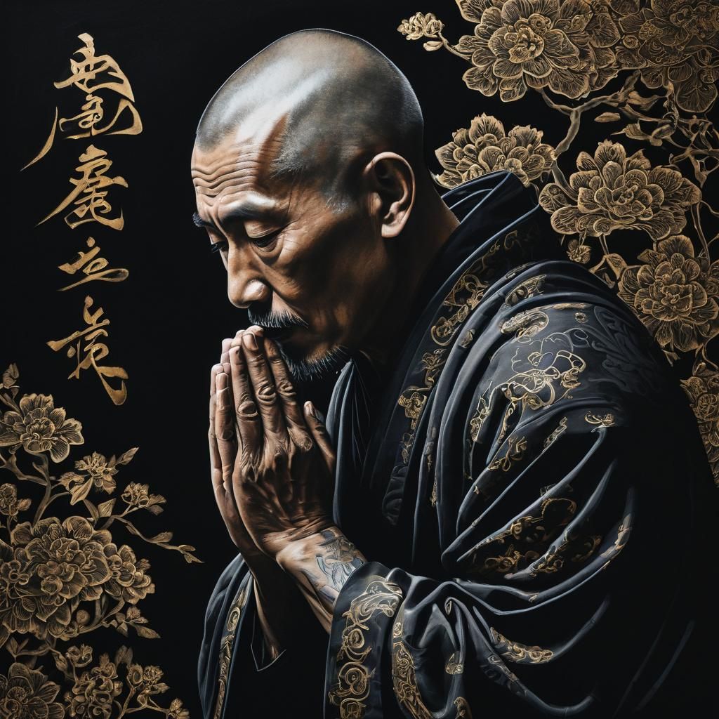 Monk in Prayer: Kakejiku Painting with Calligraphy
