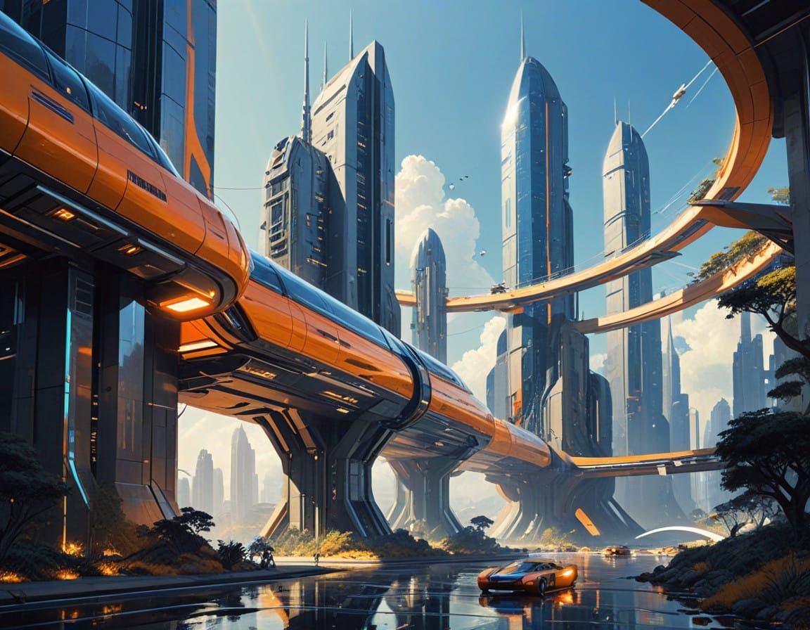 Optimistic Futuristic Metropolis with Glass Towers and Retro...