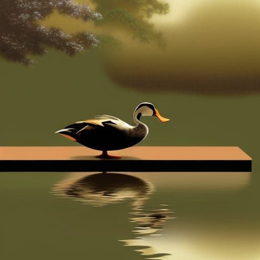 Duck in Misty Zen Garden Oil Painting