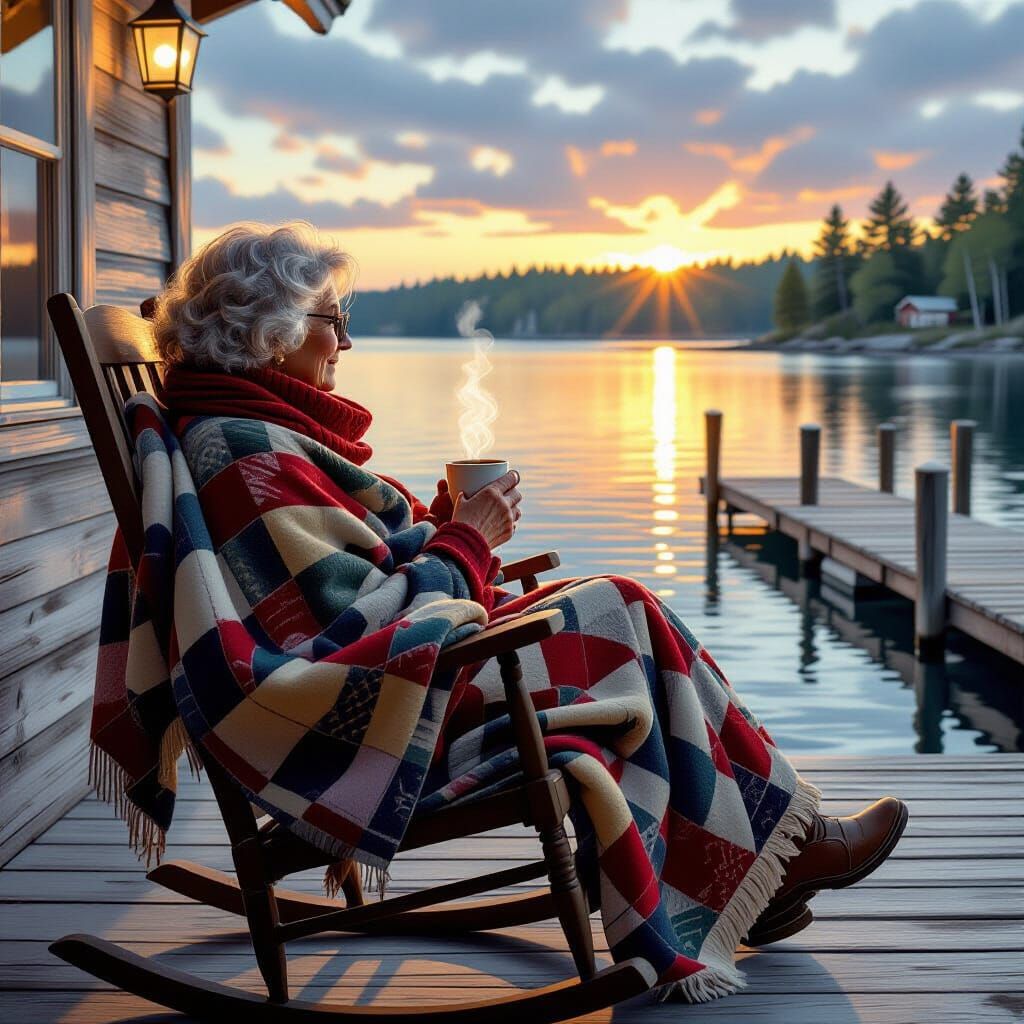 Cozy Lakeside Lady: Hyper-Realistic Comic Illustration