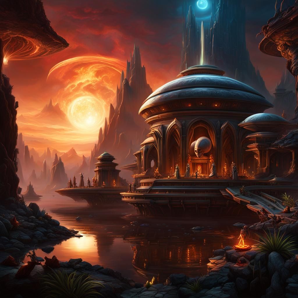 Alien World with Translucent Skeletons in Dark Fantasy Style