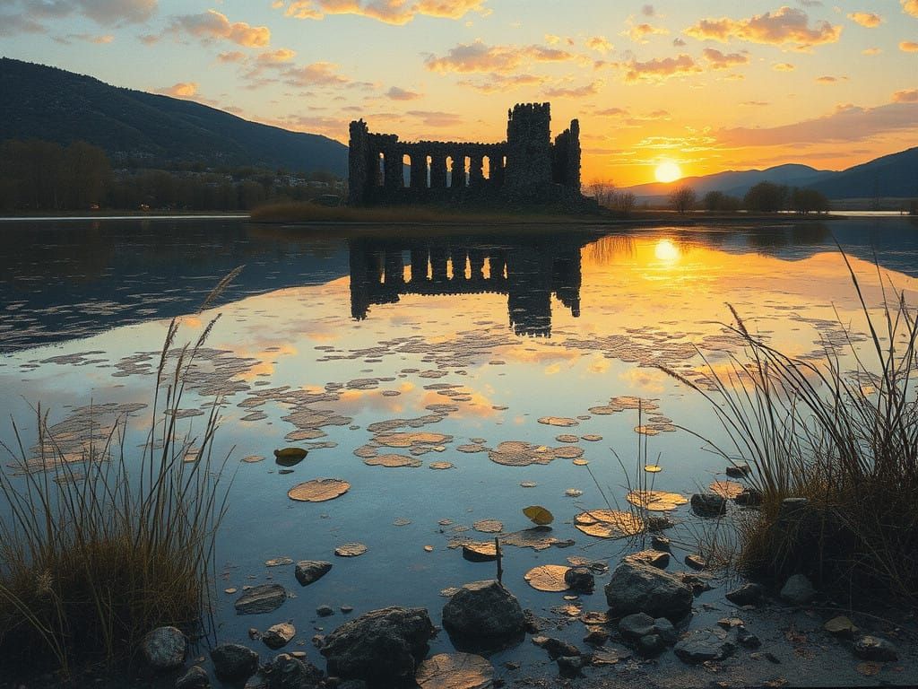 Ethereal Cityscape Reflected in Sunset Lake