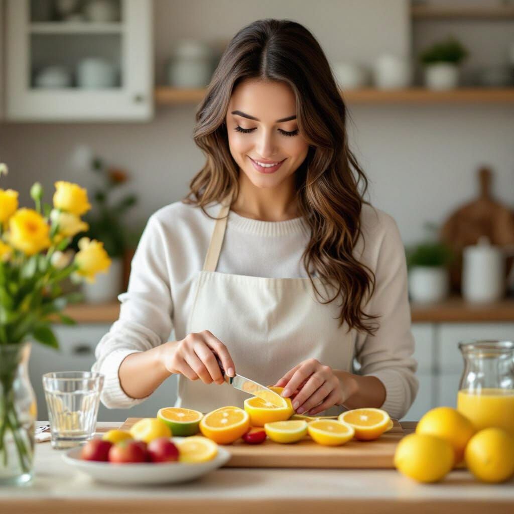 Serene Woman Cutting Fruit in Cozy ASMR Kitchen