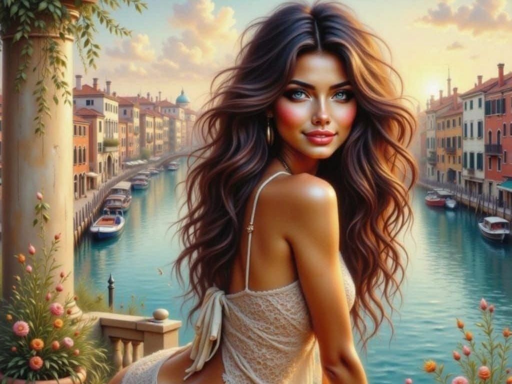 Brown-Skinned Woman on Terrace in Impressionist Style