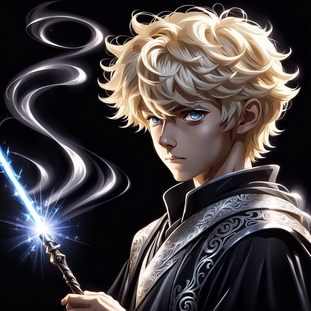 Anime Wizard with Wand in Chiaroscuro Lighting