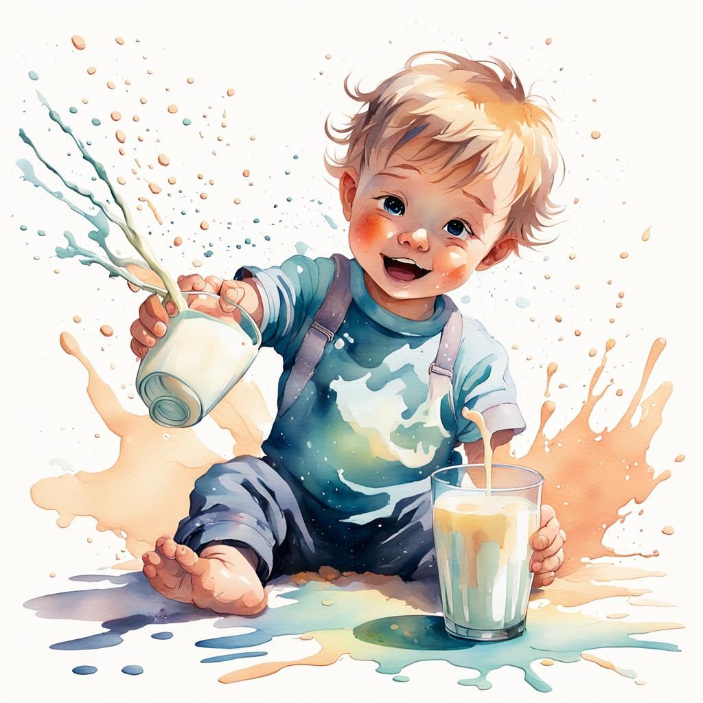 Anime-Inspired Watercolour of Toddler Spilling Milk