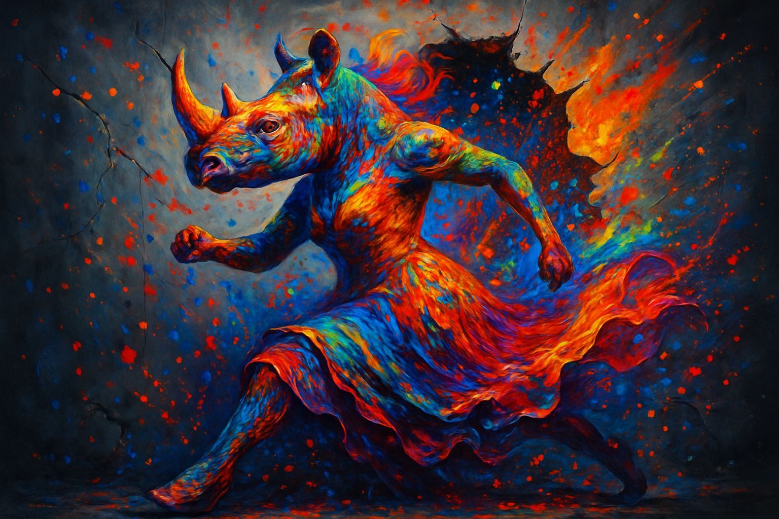 Rainbow Rhino Splatter Art: Abstract Surrealism