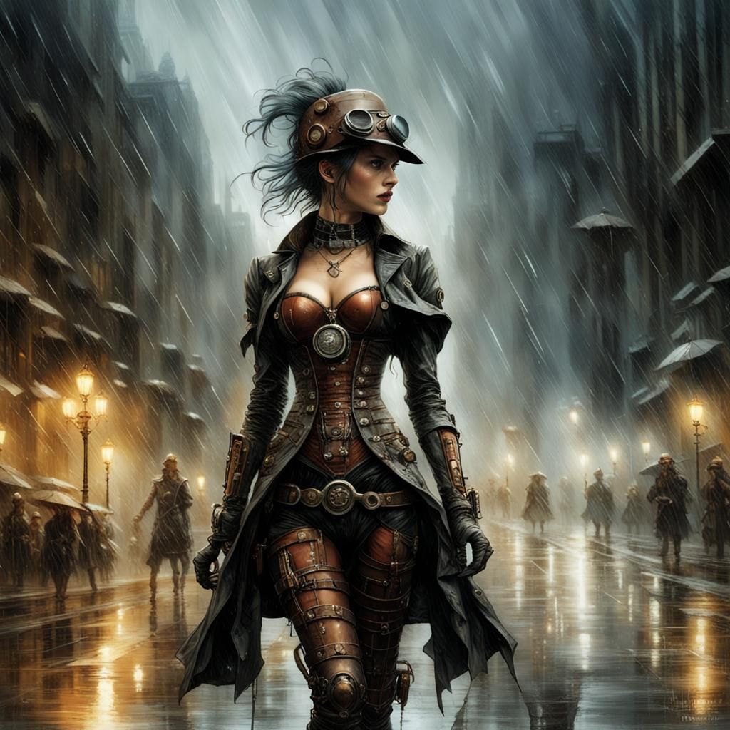 Steampunk Android in Rainy Cityscape
