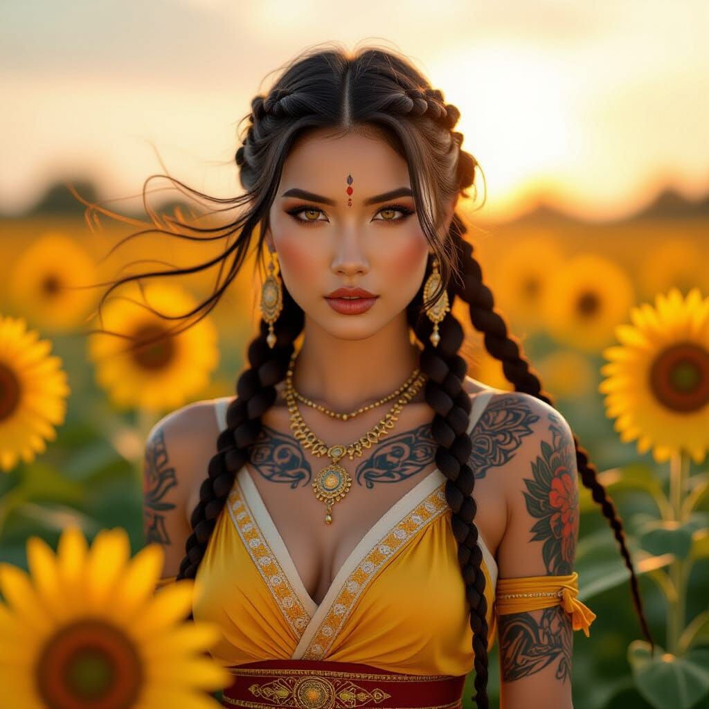 ASEAN Goddess in Sunflower Field, Art Nouveau Style