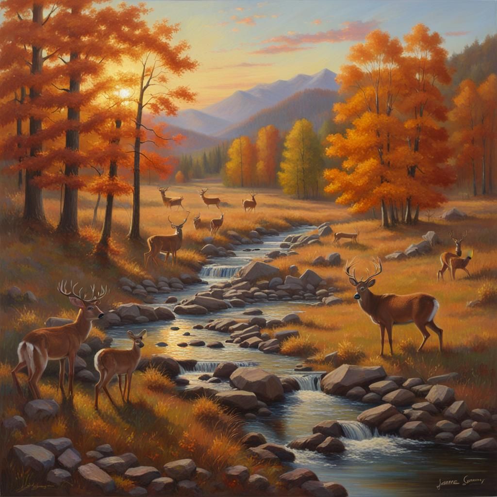 Sunset Valley Scene with Deer: Oil Painting