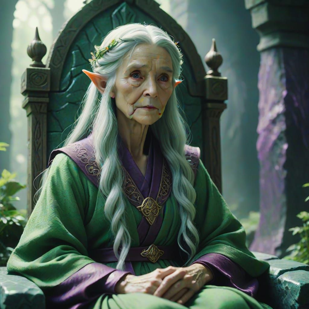 Regal Elf Queen Casts Spell in Majestic Throne Room