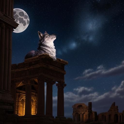 Steampunk Wolf Under Starry Roman Sky