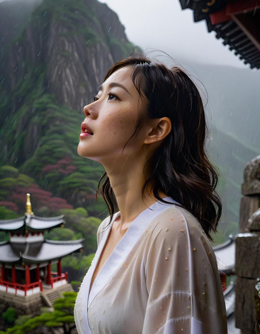 Ethereal Korean Woman in Rain, Chiaroscuro Oil Painting